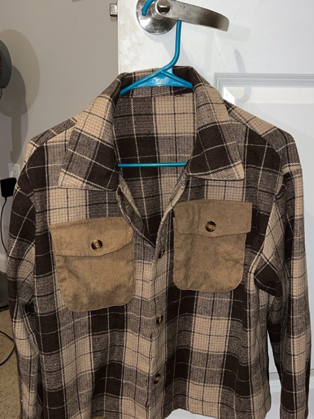 Woman’s Brown Plaid Button-Up Jacket with Patch Pockets